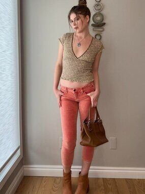 y2k free people low rise coral crop skinny jeans